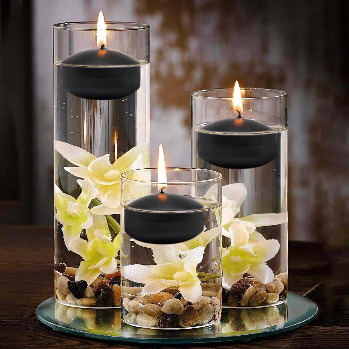 Set of 12 3 inch Black Floating Candles Large Unscented Dripless Water Wax Halloween Candles for Vases, Centerpieces at Wedding, Party, Pool, Halloween Holidays - 10 Hour Burning