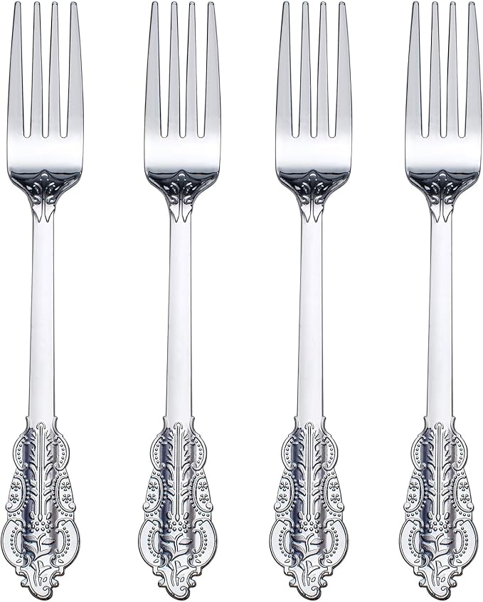 WDF 100 Piece Silver Forks Disposable - 7.48 Inch Silver Plastic Forks - Baroque Silverware for Dessert Cake - Heavy Duty Plastic Fork for Christmas Party, Wedding or Daily Using