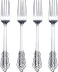 WDF 100 Piece Silver Forks Disposable - 7.48 Inch Silver Plastic Forks - Baroque Silverware for Dessert Cake - Heavy Duty Plastic Fork for Christmas Party, Wedding or Daily Using