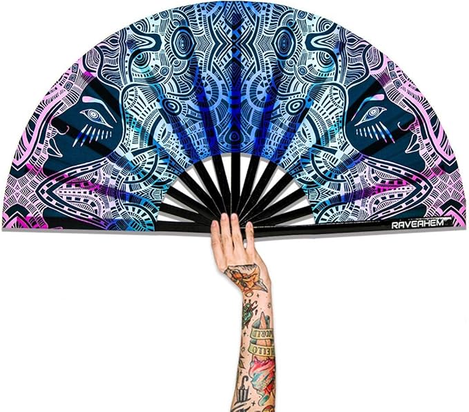UV Glow Rave Fan, Bamboo Folding Clack Hand Fans Foldable for Men Women, Boots on the Ground Poping Fan for EDM Festival Line Dance Decoration, (Kaleidoscope Girls, Large 13")