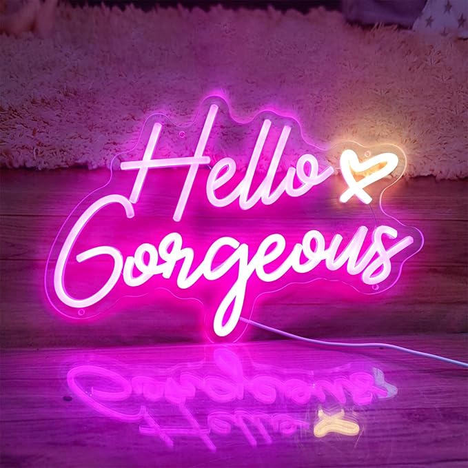 Hello Gorgeous Neon Signs Hello Gorgeous Wall Decor, Hello Gorgeous Bathroom LED Sign for Home Bar Wedding Birthday Backdrop Bacelorette Party, 15.7" x 10.3"