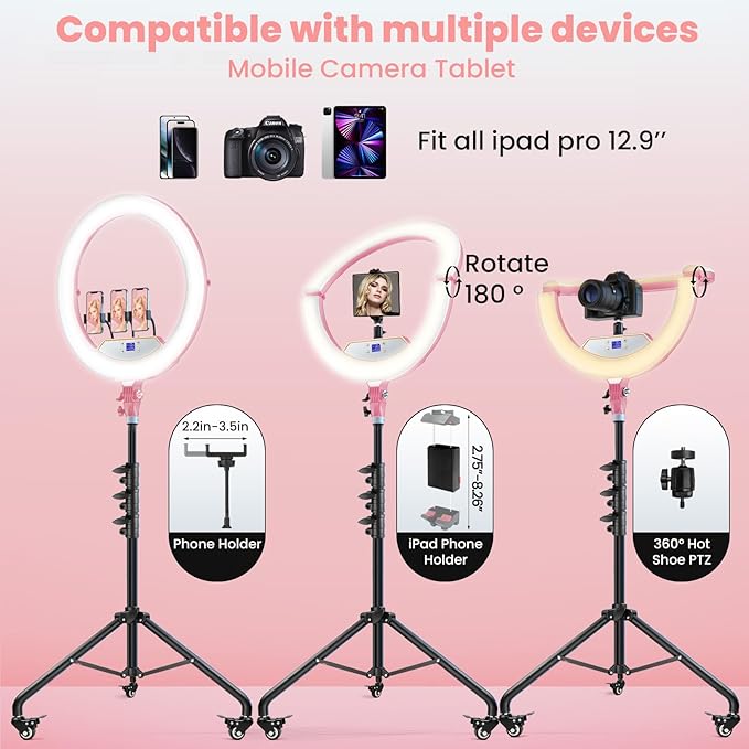 22" Foldable Ring Light with Stand for iPhone ipad, 75" Tripod with Wheels 50W 6500K LED Display/2 USB Ports Large Ringlight Rolling, Tattoo Barber Makeup Studio Video Photography Lighting(Pink)