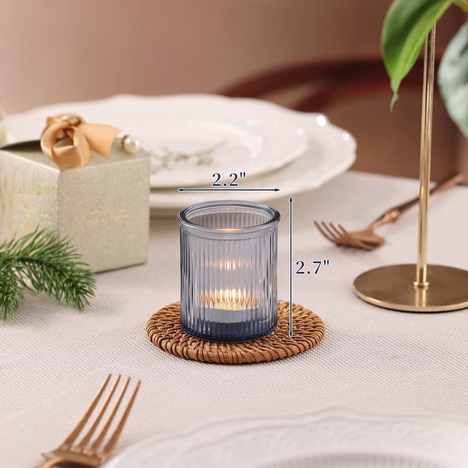 NITIME 32Pcs Ribbed Blue Votive Candle Holders, Tea Light Candle Holders for Table Centerpiece, Blue Candle Holders for Wedding Decor,Home and Holiday Decor