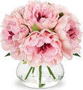 Hollyone Light Pink Peonies Artificial Flowers with Vase Faux Flowers Peony Fake Flowers Silk Flower Arrangements in Glass Vase with Faux Water for Bathroom Table Centerpiece Shelf Home Decor