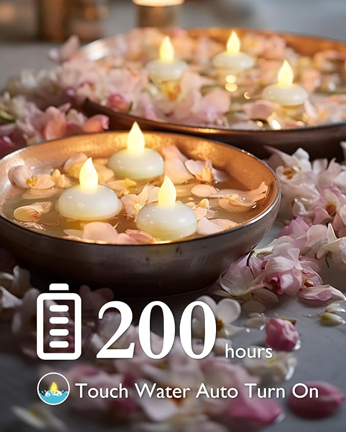 Homemory 200 Hours 24 Pack Flameless Floating Candles, Warm White Led Flickering Tealight Candles in Bulk, Decor for Wedding, Party, Centerpiece, Pool, Christmas