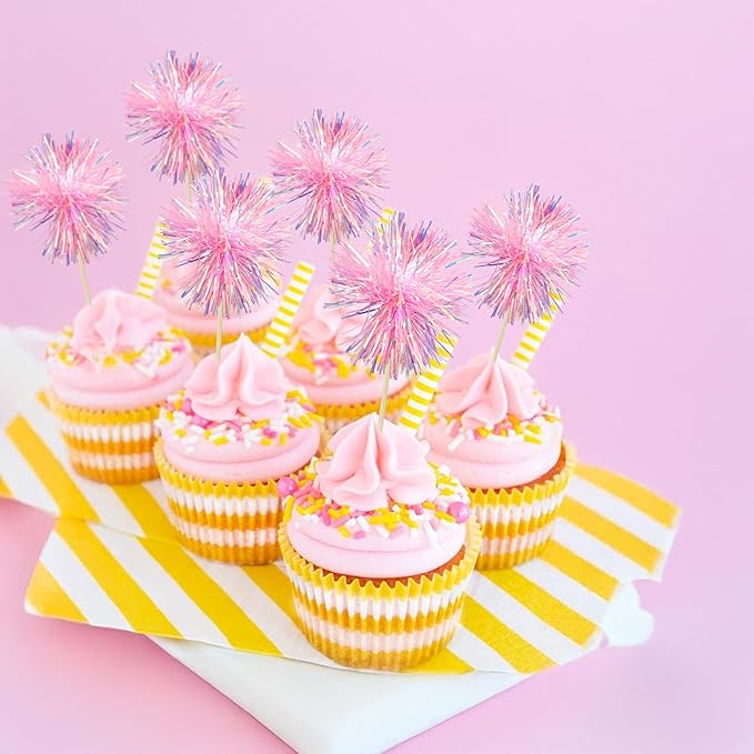 Ephlyn 30Pcs Foil Firework Cupcake Toppers Sparkle Tinsel Cupcake Picks Happy Birthday Cake Toppers Drink Cocktail Food Fruit Toothpicks for Baby Shower Birthday Party Supplies Pink