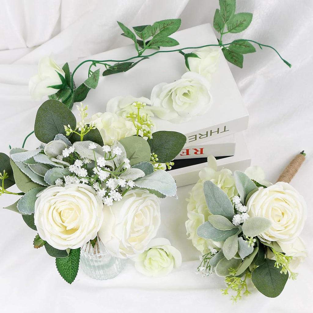 Bridesmaid Bouquets Set of 2 - Ivory White Artificial Flowers Bouquet for Bridesmaids Wedding Small Floral Centerpieces for Marriage Proposal Party Anniversary Dining Table Decor -7 Inch