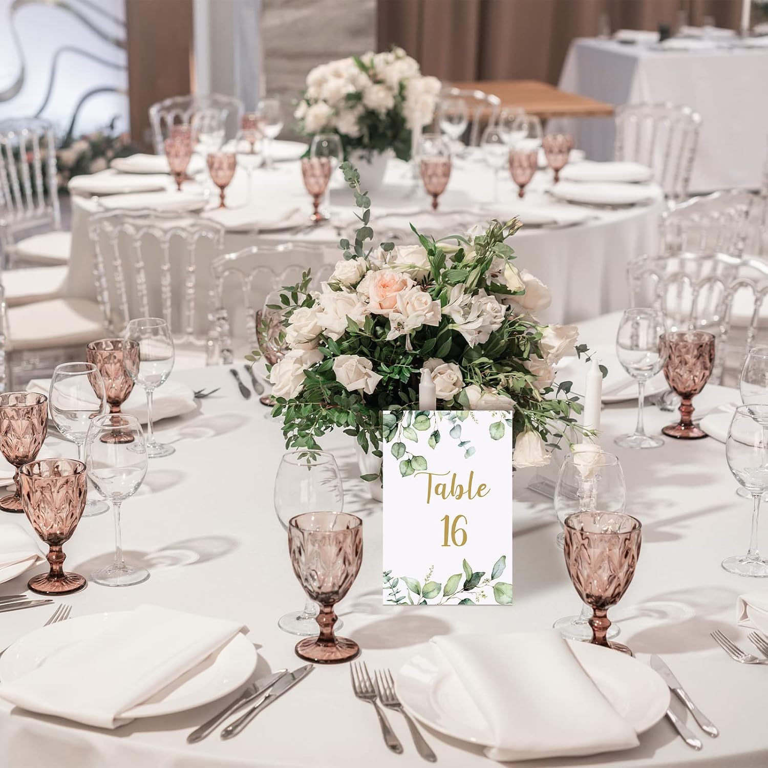 Zonon 26 Pieces Wedding Table Numbers Cards 1-25 with Head Table Numbers Greenery Eucalyptus Double Sided Cards Party Centerpiece for Wedding Reception Baby Shower Birthday Bridal Party(Gold)