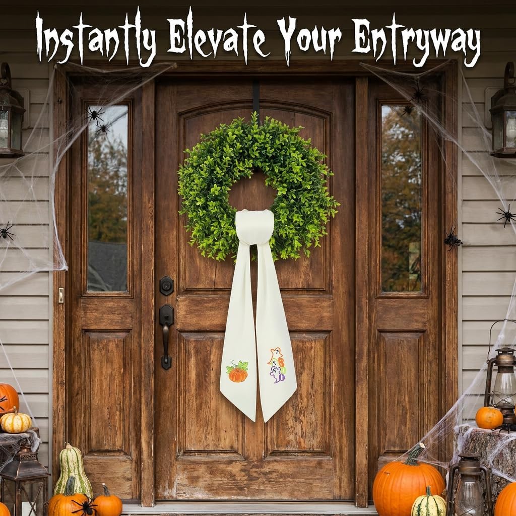 Fall & Halloween Wreath Sash for Front Door (59" Long) - Embroidered Ghost & Pumpkin Design for Boxwood Wreaths - 2-in-1 Autumn Ribbon Decor, Heavy Drape & Washable (1 Set)