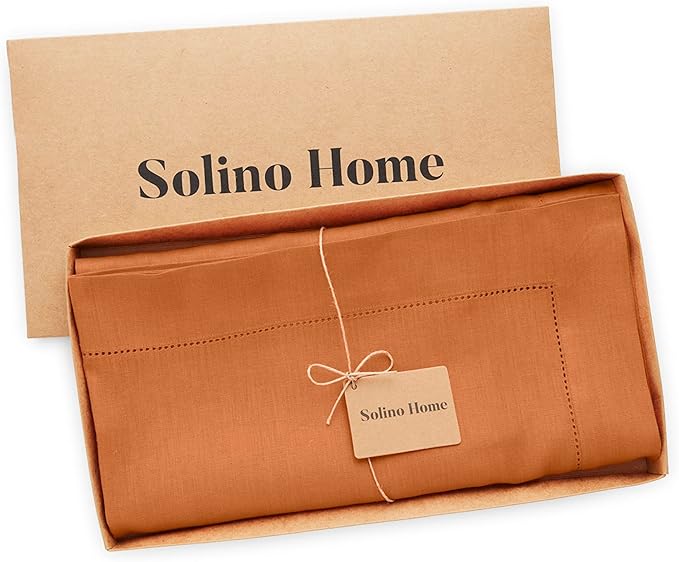 Solino Home Linen Square Tablecloth 52 x 52 Inch - 100% Pure Linen Pumpkin Table Throw - Classic Hemstitch, Machine Washable Table Cloth for Fall, Autumn, Halloween, Thanksgiving, Holiday