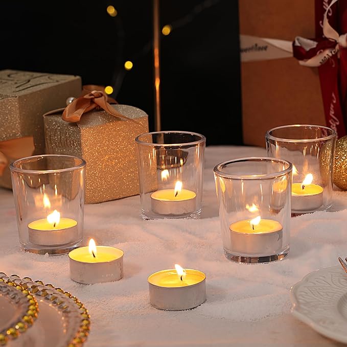 Letine 12-Pack Clear Votive Candle Holders - Glass Tea Light Holders with 12 Tea Lights for Wedding Decor, Bulk Votive Holders for Home Table Decor/Christmas & Thanksgiving