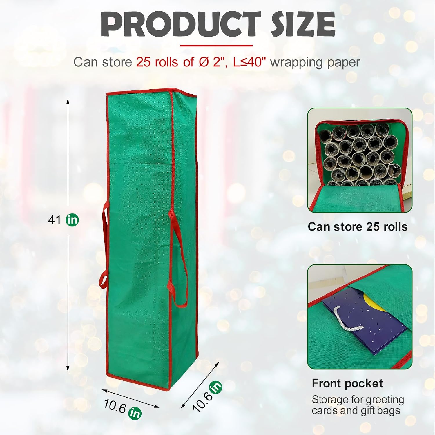 Wrapping Paper Organizer Storage Bag Containers, 41 Inch Gift Wrapping Organizer Storage, Stores up to 25 Rolls 2” Diam, Green