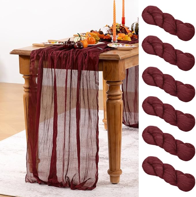 Burgundy Red Cheesecloth Table Runner 6 Pack Fall Table Runners Boho Gauze 120 Inches Red Cheese Cloth Fall Table Decorations for Thanksgiving Christmas Weddings Bridal Shower Candlelight