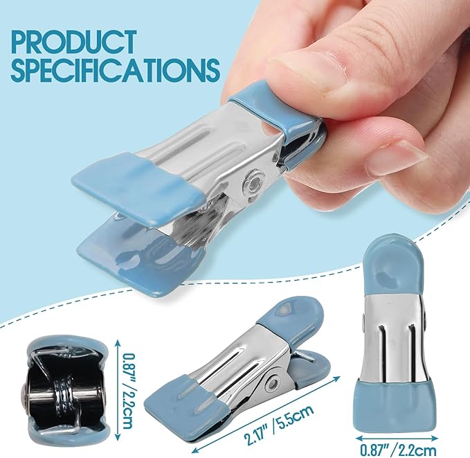 Clothes Pins Heavy Duty 30 Pack - 2.17 Inch Metal Chip Clips, Clothespins for Photo Drying Clothesline Laundry Sock, Bag Clips for Food Kitchen Stainless Steel with Rubber, Blue