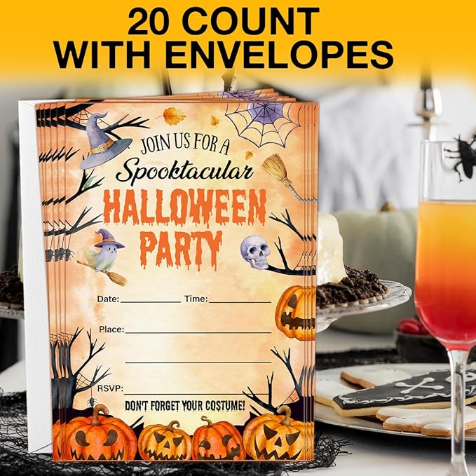 Halloween Party Invitations, Spooky Pumpkins Halloween Party Fill in Invites Cards With Envelopes (20 Count), Double Sided Design