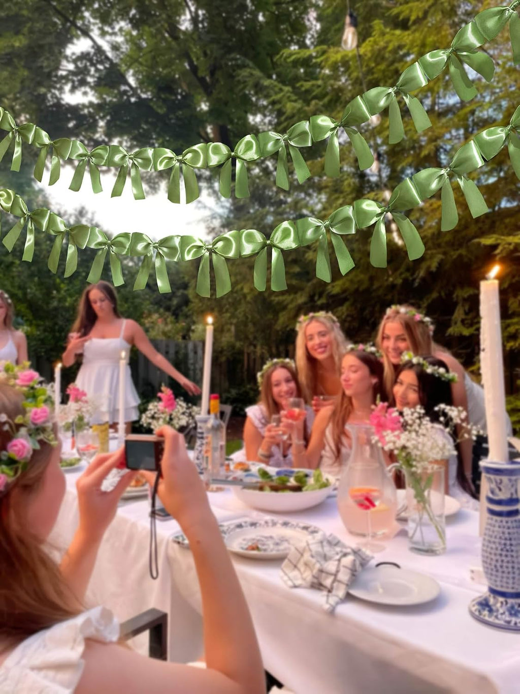 Sage Green Premade Bow Ribbon Banner Streamer Garland with 30 Bows, 6.6 Feet Long Each for Wedding Party Decoration (5.5 X 5 In Bow)