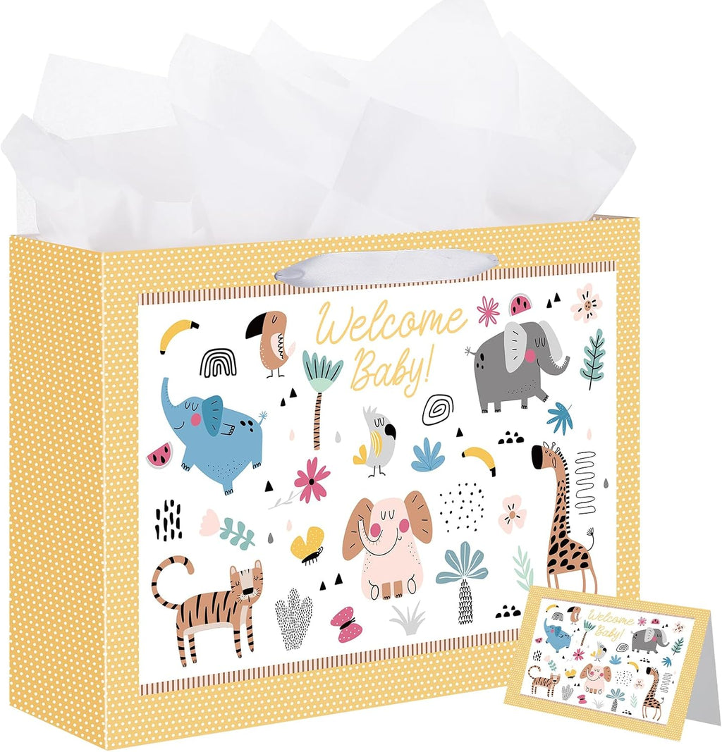 woric 14.5" Baby Gift Bag for Baby Shower with Tissue Paper and Greeting Cards for Boys Girls Birthday Party(Cute Animals)