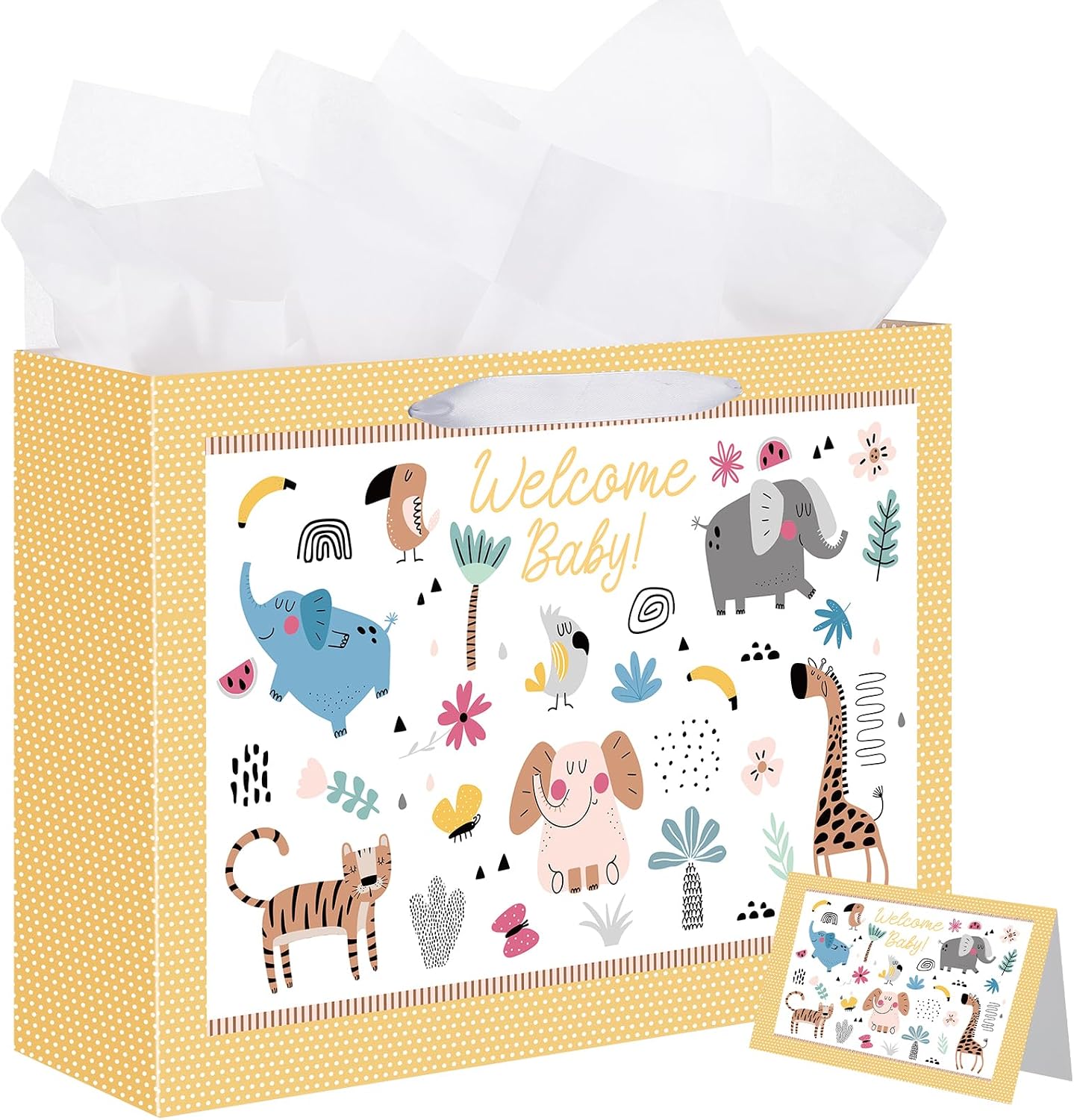 woric 14.5" Baby Gift Bag for Baby Shower with Tissue Paper and Greeting Cards for Boys Girls Birthday Party(Cute Animals)