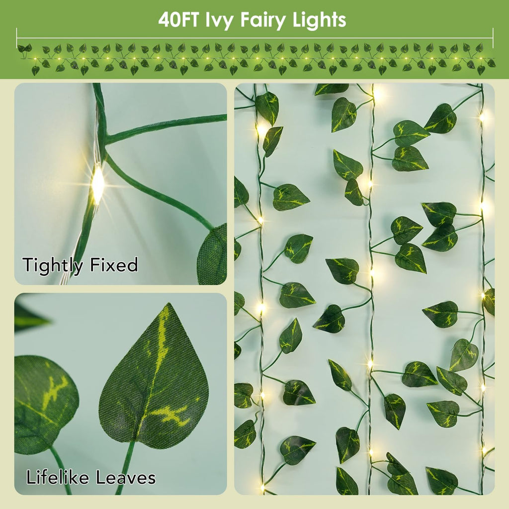 OMIKA Vine with Fairy Lights Battery Operated, 2 Pack 40FT 120LED Pothos String Lights with Remote, Pothos Leaf Lights for Bedroom, Wall, Garden, Party, Wedding Decor(Warm White)