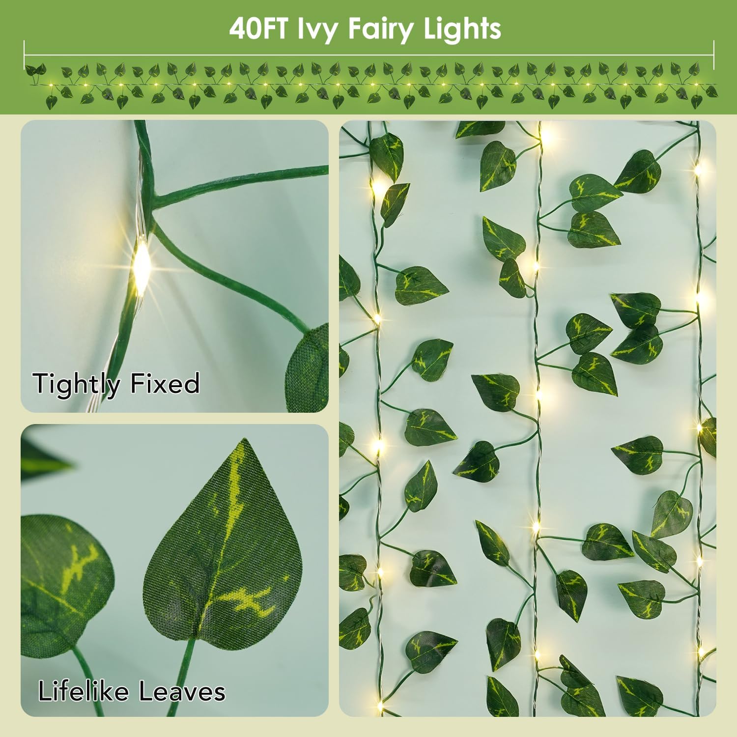 OMIKA Vine with Fairy Lights Battery Operated, 2 Pack 40FT 120LED Pothos String Lights with Remote, Pothos Leaf Lights for Bedroom, Wall, Garden, Party, Wedding Decor(Warm White)