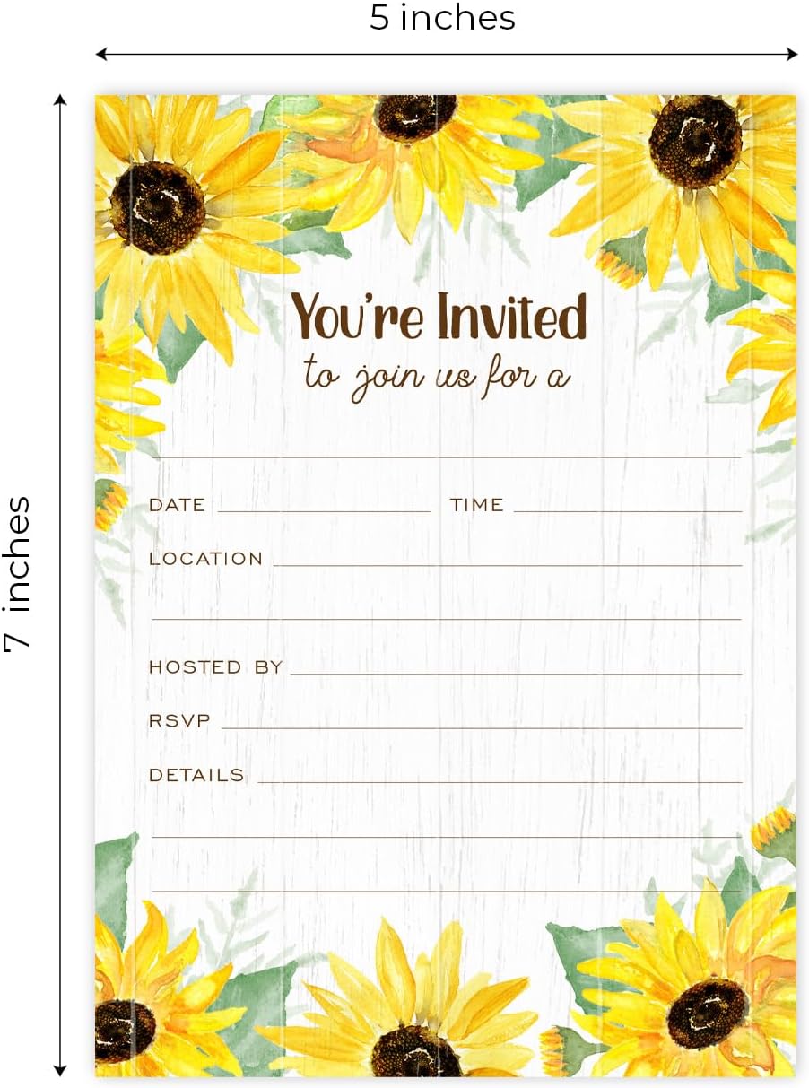 Canopy Street Sunflower Fill In Invitations / 25 Single Sided All Occasion Invites With White Envelopes / 5" x 7" Flat Rustic Floral Invite/Made In The USA