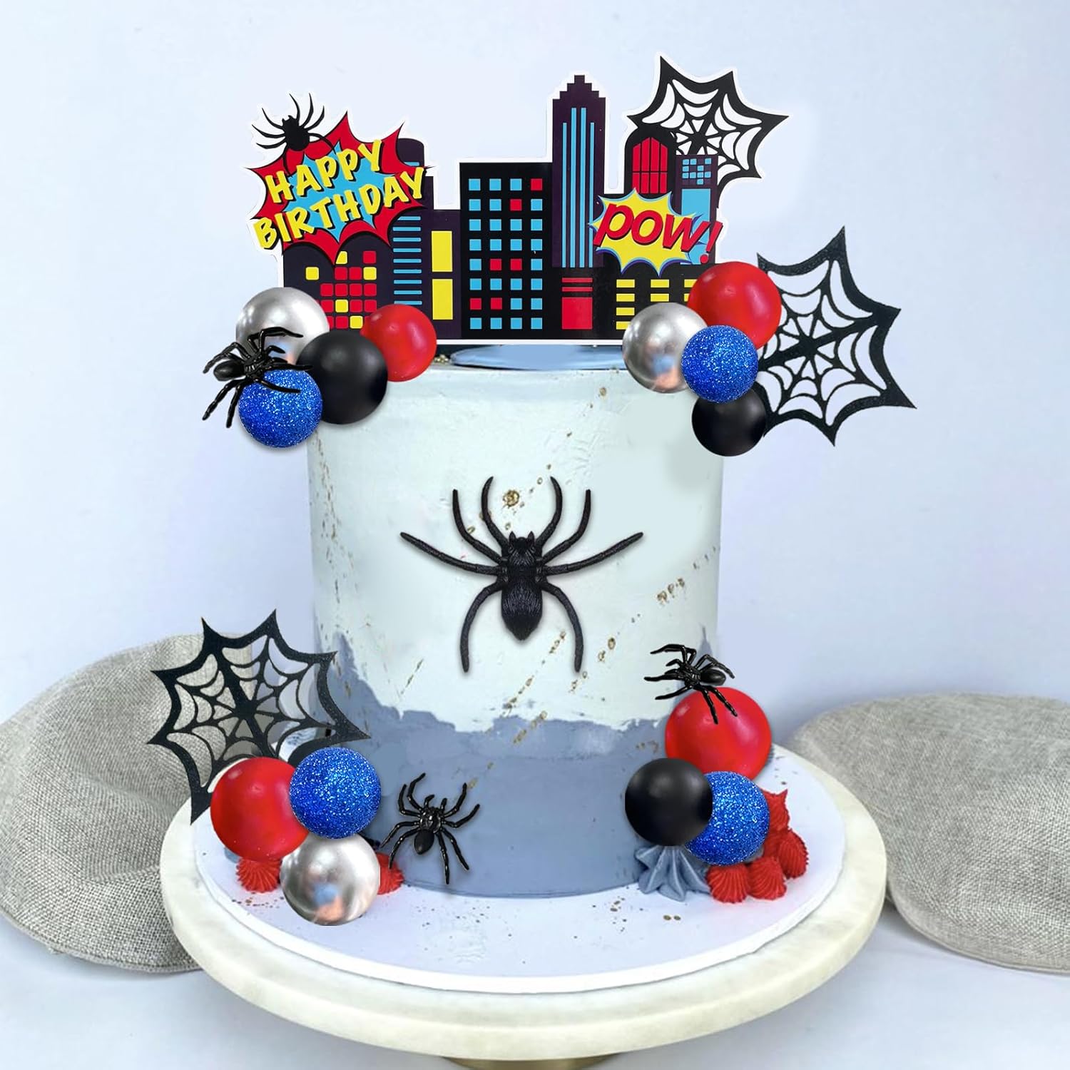 38pcs Spider Cake Topper Balls Cake Decorations Spider Web Cake Decor with Black Red Silver Glitter Blue Balls Spider City Theme Happy Birthday Topper for Boys Men Baby Shower Party Supplies