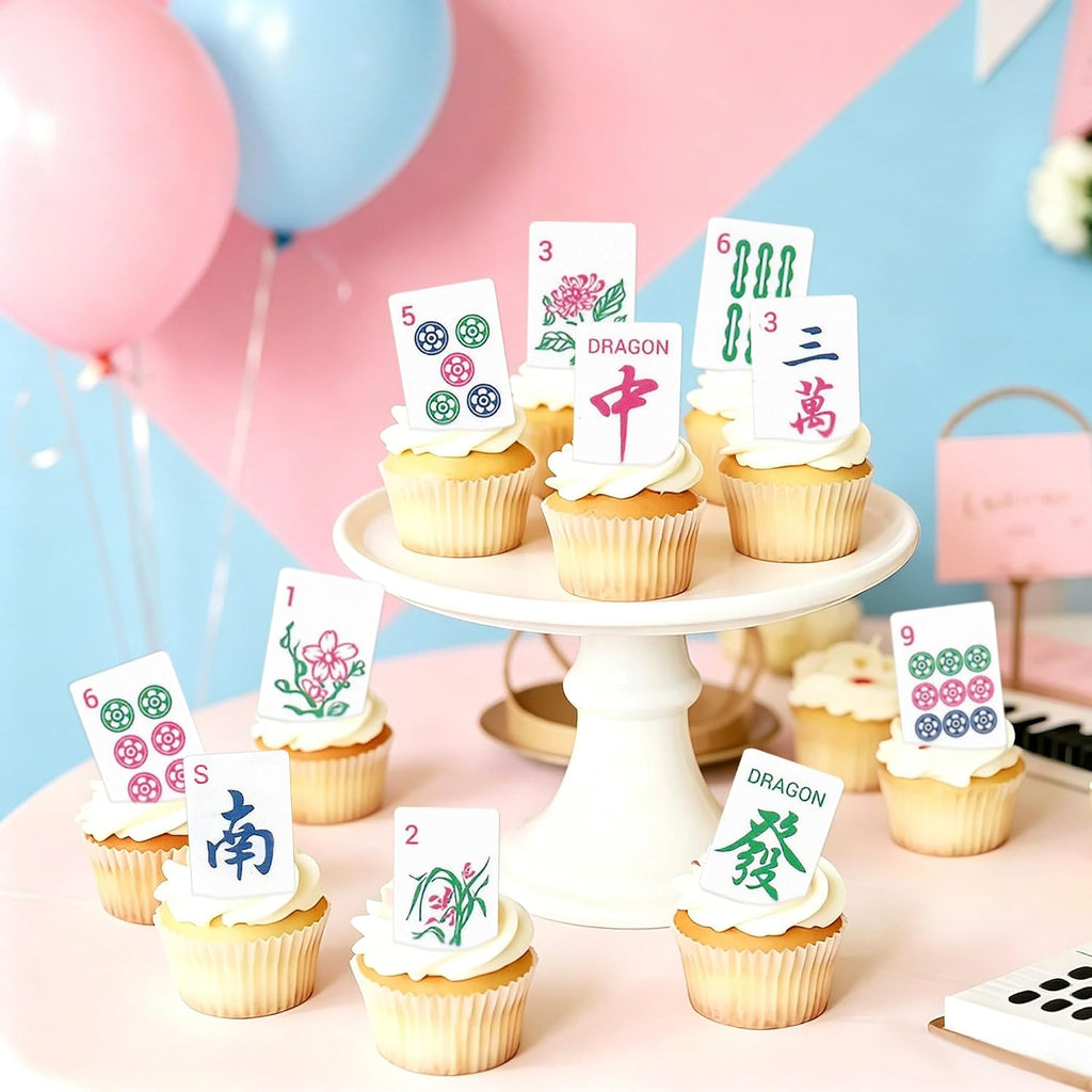 42Pcs Edible Chinese Mahjong Cupcake Toppers Mah-Jong Tiles Cupcake Picks Mahjong Playing Card Cupcake Decorations for Mah-jong Lover Birthday Cake Cupcake Decorations Mahjong Game Party Supplies