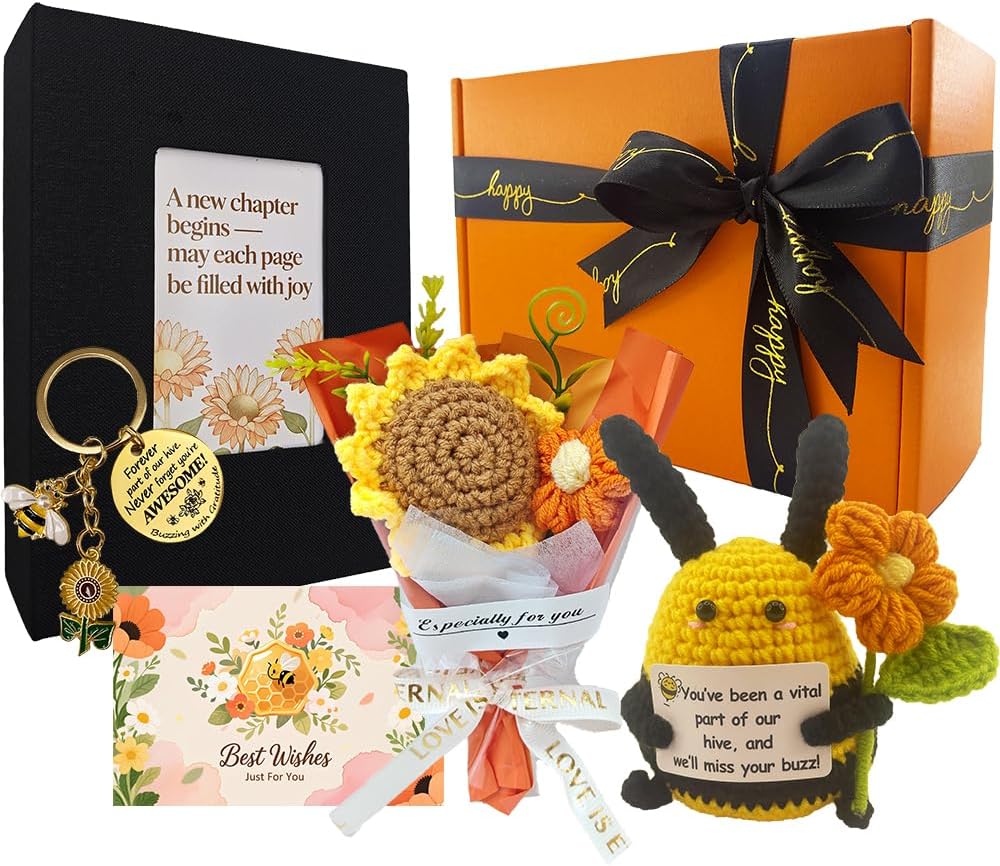 Coworker Leaving Gift Box, Retirement Gift for Women Men, with 100p Photo Album & Crochet Bee, Farewell Going Away Goodbye Gift Box for Leaving Colleague Neighbors Nurses Friends