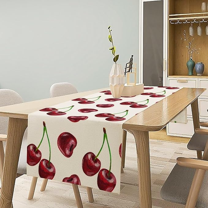 Red Cherry Table Runner Watercolor Spring Summer Wild Berry Tropical Fruit Theme Dinner Runner for Girl Baby Shower Party Holiday Home Kitchen Dining Table Decor 13x108