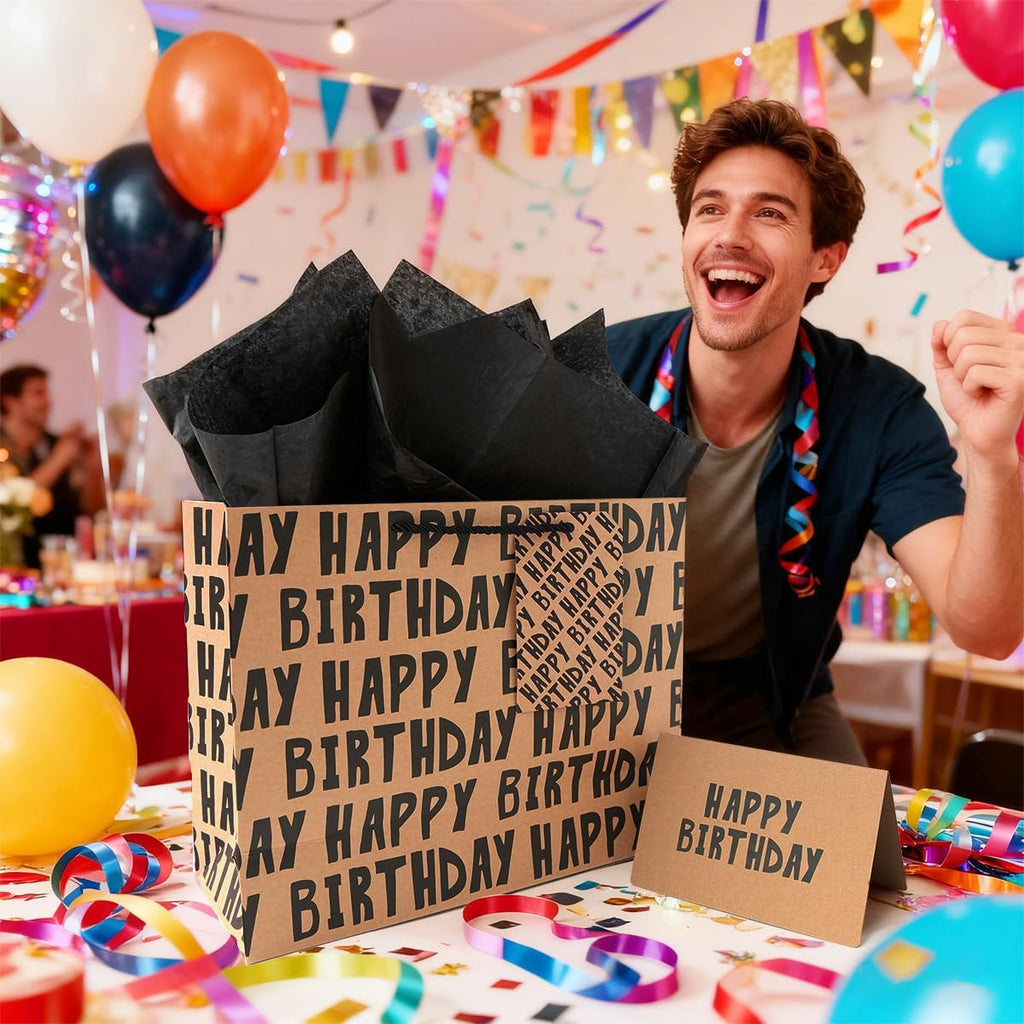 JAYTEM Birthday Gift Bag, Kraft Paper Large Gift Bag, Classic Black Lettering Design Happy Birthday Bag Set with Greeting Card, Tag, Envelope & Tissue Paper for Men, Boys, Kid