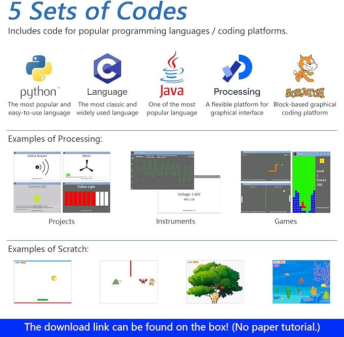 Freenove Ultimate Starter Kit for Raspberry Pi 5 4 B 3 B+ 400 Zero 2 W, 962-Page Detailed Tutorial, Python C Java Scratch Processing Code, 223 Items, 128 Projects (Raspberry Pi NOT Included)