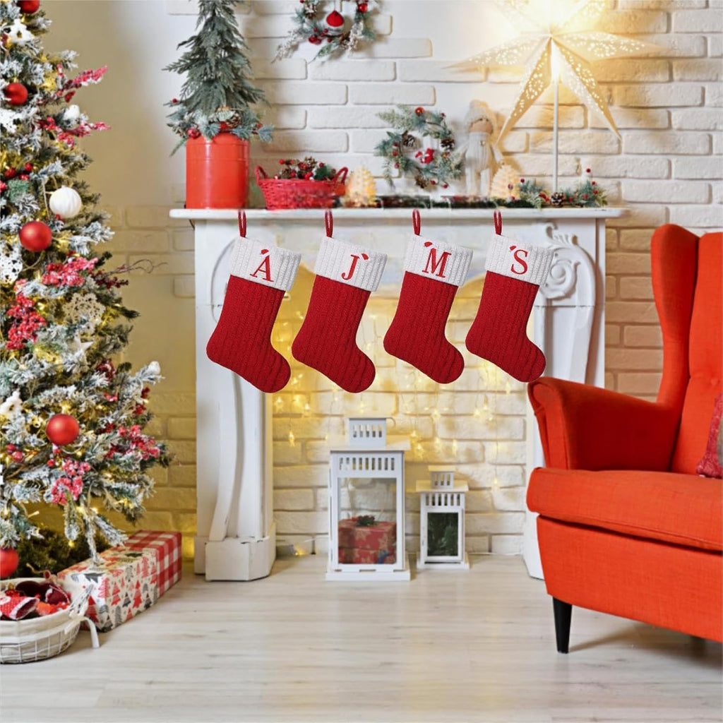 19.5 inch Red Knit Christmas Stockings,Personalized Embroidered Letter Christmas Stocking,Family Holiday Xmas Party Decor (Initial J)