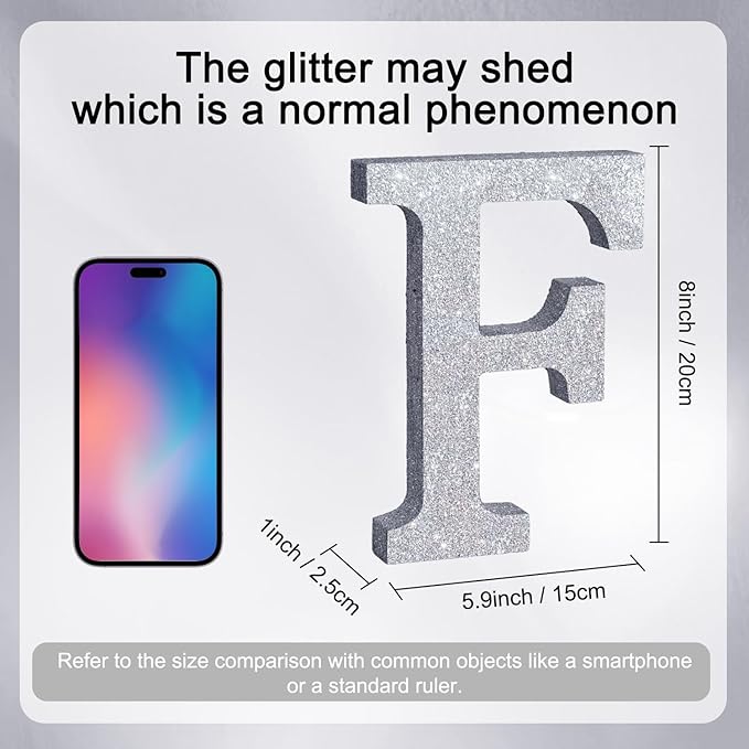 TONIFUL 8 Inch Silver Glitter Letter F Table Centerpiece A-Z Silver Birthday Party Decorations,Silver Alphabet F for Birthday,Chrismas,Graduation,Bridal Shower,Wedding,Anniversary Party Supplies
