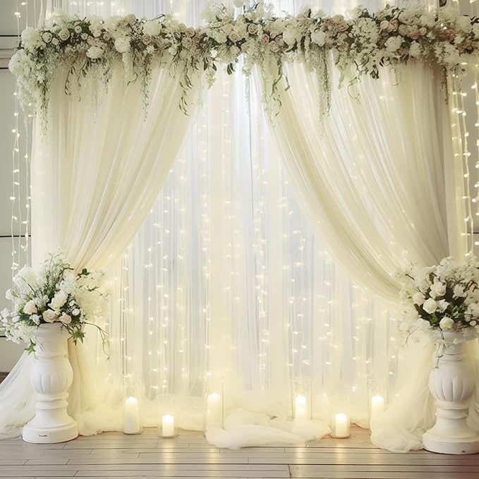 30×10ft Cream White Tulle Backdrop Curtain with Lights String for Parites, Sheer Photo Backdrop Curtains for Wedding Party Photography Background