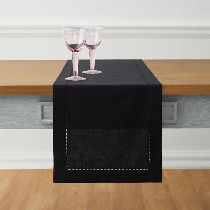 Solino Home Black Table Runner 90 Inches Long - Cotton Linen Hemstitch 14 x 90 Inch Table Runner for Dining, Fall, Autumn, Halloween, Thanksgiving, Holiday
