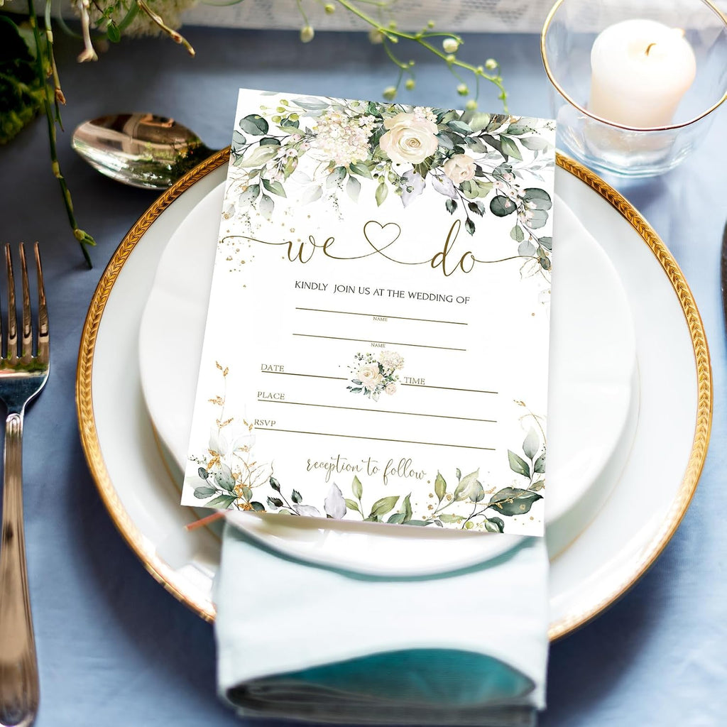 Whaline 25 Sets Greenery Floral Wedding Invitation with Envelopes Stickers Eucalyptus Leaves Fill in Blank Invites Cards for Bridal Shower, 5 x 7 Inch