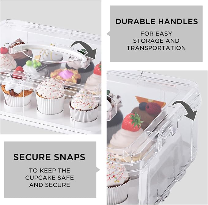 Two Tier Cupcake Carrier, White Stackable Cupcake Holder Carries for 24 Standard-Size Cupcakes, Reusable Detachable Cupcake Box