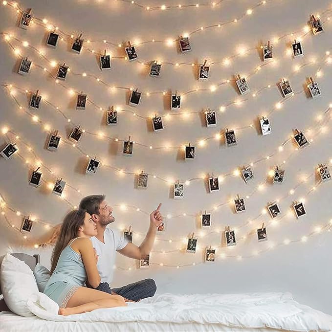 Photo Clip String Light - 33Ft 100LED Fairy Lights with Clips for Pictures With Timer, Photo Light with 50 Clear Clips for Bedroom Christmas Wedding Décor