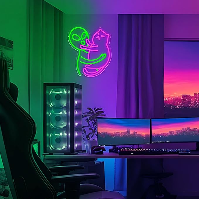 Alien Cat Neon Sign,Neon Signs for Wall Decor,LED Cat Alien Sign,Dimmable Neon Lights for bedroom,Man Cave,USB Powered Neon Light Sign,Cute LED Signs for Wall Decor,Alien Decor,Game Room