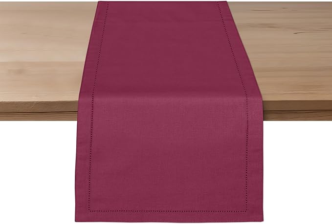Ruvanti Linen Table Runner 120 Inches, Classic Hemstitch, Washable, Reusable, Non-Slipping, Stain Resistant- Perfect for Parties, Weddings, Dinners, Thanksgiving, Christmas, Indoor use – Burgundy