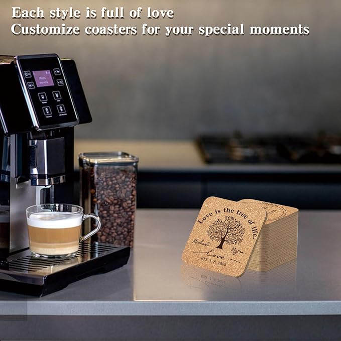 Custom Coasters Personalized Cork Coasters Bulk with Logo Wedding Personalized Cork Natural Wood Engraved Drink for Wedding Favors (Cork Coasters - Square)