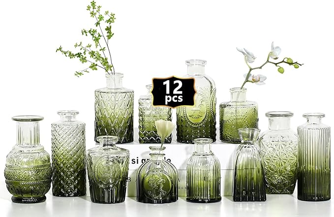 Mini Bud Vases As Wedding Centerpieces for Tables,Clear Bud Vases for Flowers,Small Flower Vases Suitable for Birthday Party,Anniversary,Wedding Reception,Baby Shower (Dark Green, 12PCS)
