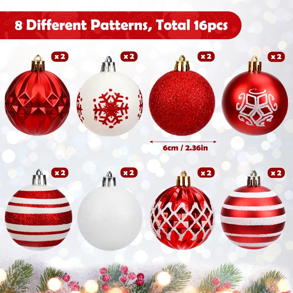 Tenn Well 16Pcs 6CM Christmas Tree Ornaments Decorations Set - Red and White PVC Baubles for Christmas Tree Holidays Home Xmas Party Decoration