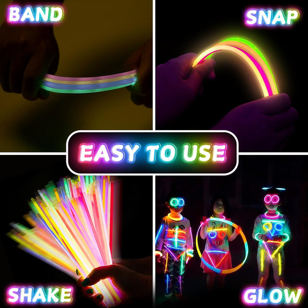 SHQDD 100 Glow Sticks Bulk Party Pack, 8” Neon Glow Sticks, DIY Glowsticks with Connectors Bracelets & Necklaces, Glow in the Dark Party Supplies for Kids, Adults, Parties, 4th of July & Halloween