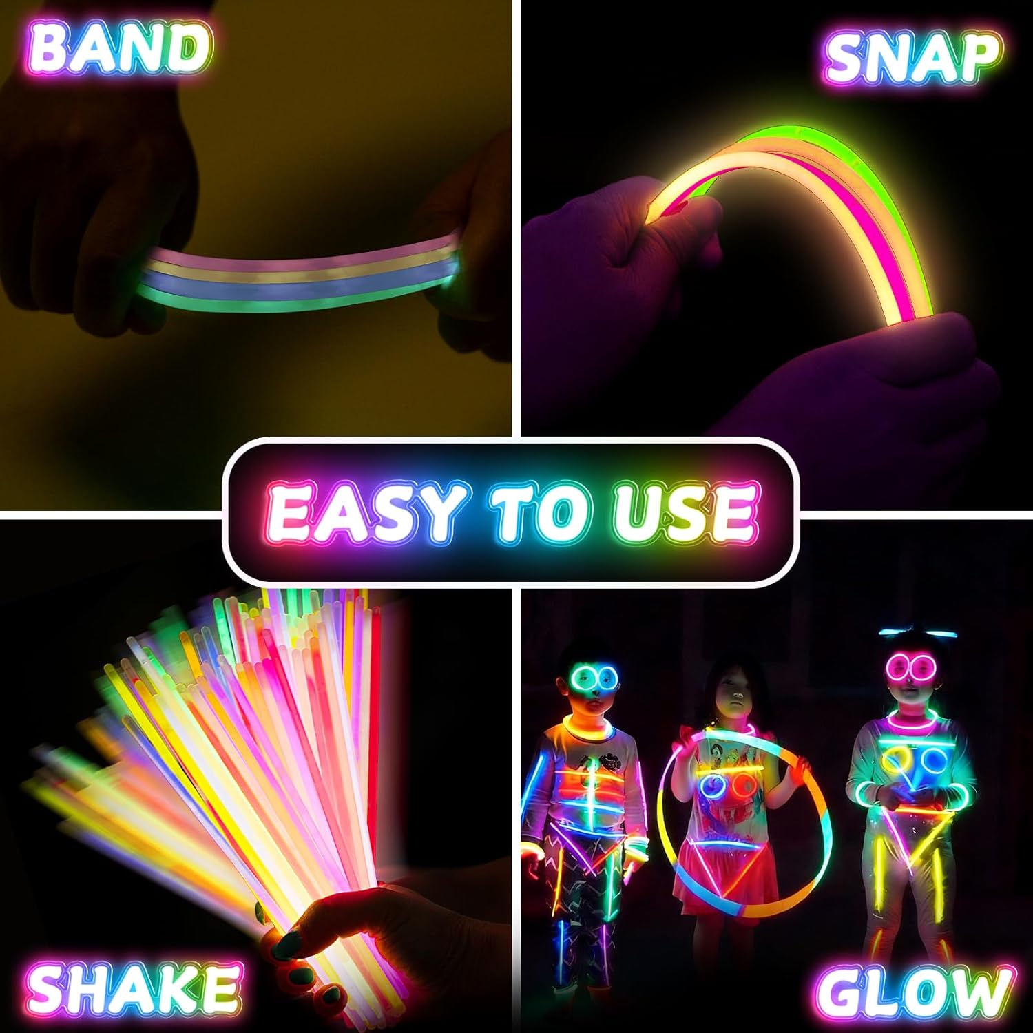 SHQDD 100 Glow Sticks Bulk Party Pack, 8” Neon Glow Sticks, DIY Glowsticks with Connectors Bracelets & Necklaces, Glow in the Dark Party Supplies for Kids, Adults, Parties, 4th of July & Halloween