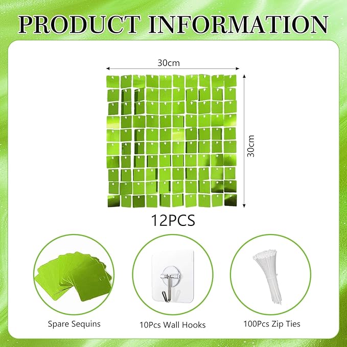 12PCS Green Shimmer Wall Backdrop, Square Sequin Photo Backdrops Panel, Glitter Wall Background for Birthdays, Weddings, Christmas, Engagements, Disco Bachelorette Party Decoration (3FTx4FT)