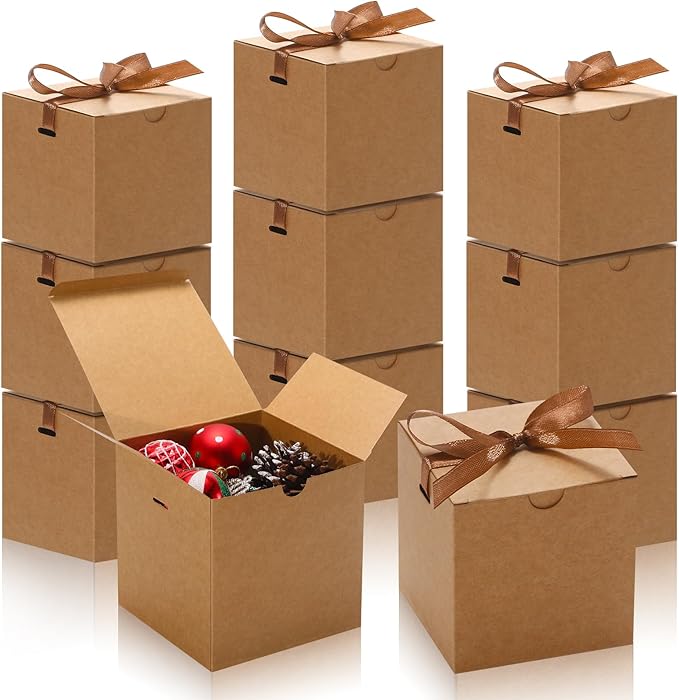DOYIDE 20 Pack Small Gift Boxes, 6x6x6 Inch Brown Elegant Paper Boxes with Ribbons, Christmas Gift Box Crafting, Wedding Party Favor, Cupcake, Candy, Bridesmaids Proposal Box