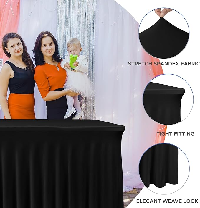 Nasitos Black Rectangle Tablecloths, 2 Pack - 72 x 30 Inch - Stretch Spandex & Polyester Fitted Table Skirts for 6FT Tables, Party, Banquet, Wedding