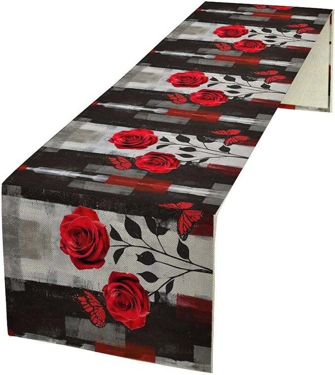 Abstract Art Rose Table Runner, Red Roses Floral Butterfly Black Red Grey Ink Background Pattern Kitchen Dinning Table Runner for Indoor Outdoor Home Wedding Party Holiday, 13x120 Inch