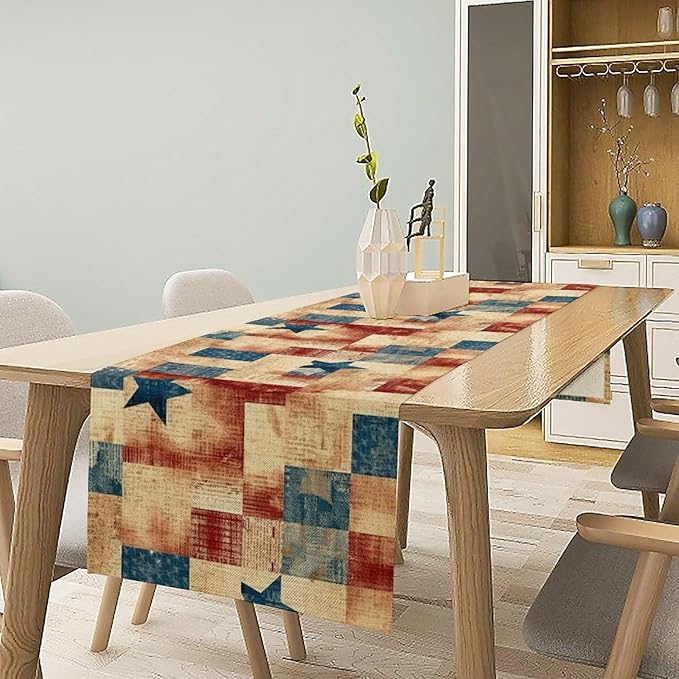 4th of July Table Runner, Rustic Vintage Country Red White Blue American Stars Independence Day Print Table Cover for Farmhouse Kitchen Dining Table Decor, 13x90inch